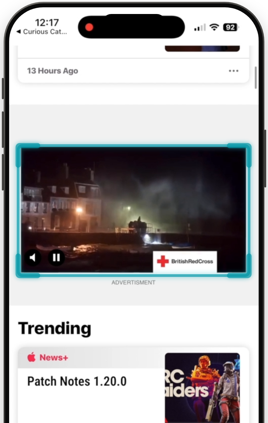 Emulated Apple News feed on a phone with a British Red Cross video ad highlighted in the feed