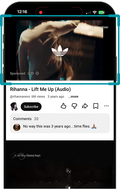 Emulated YouTube feed on a phone with an adidas video ad playing, highlighted above the video the panelist chose